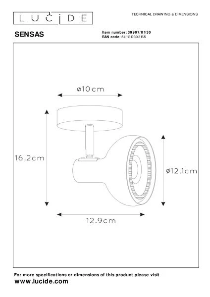 Lucide SENSAS - Spot plafond - 1xGU10 (ES111) - Noir - TECHNISCH